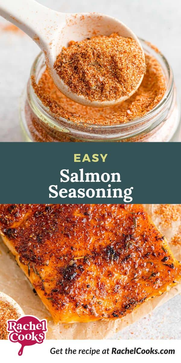 Salmon seasoning Pinterest graphic with text and photos.