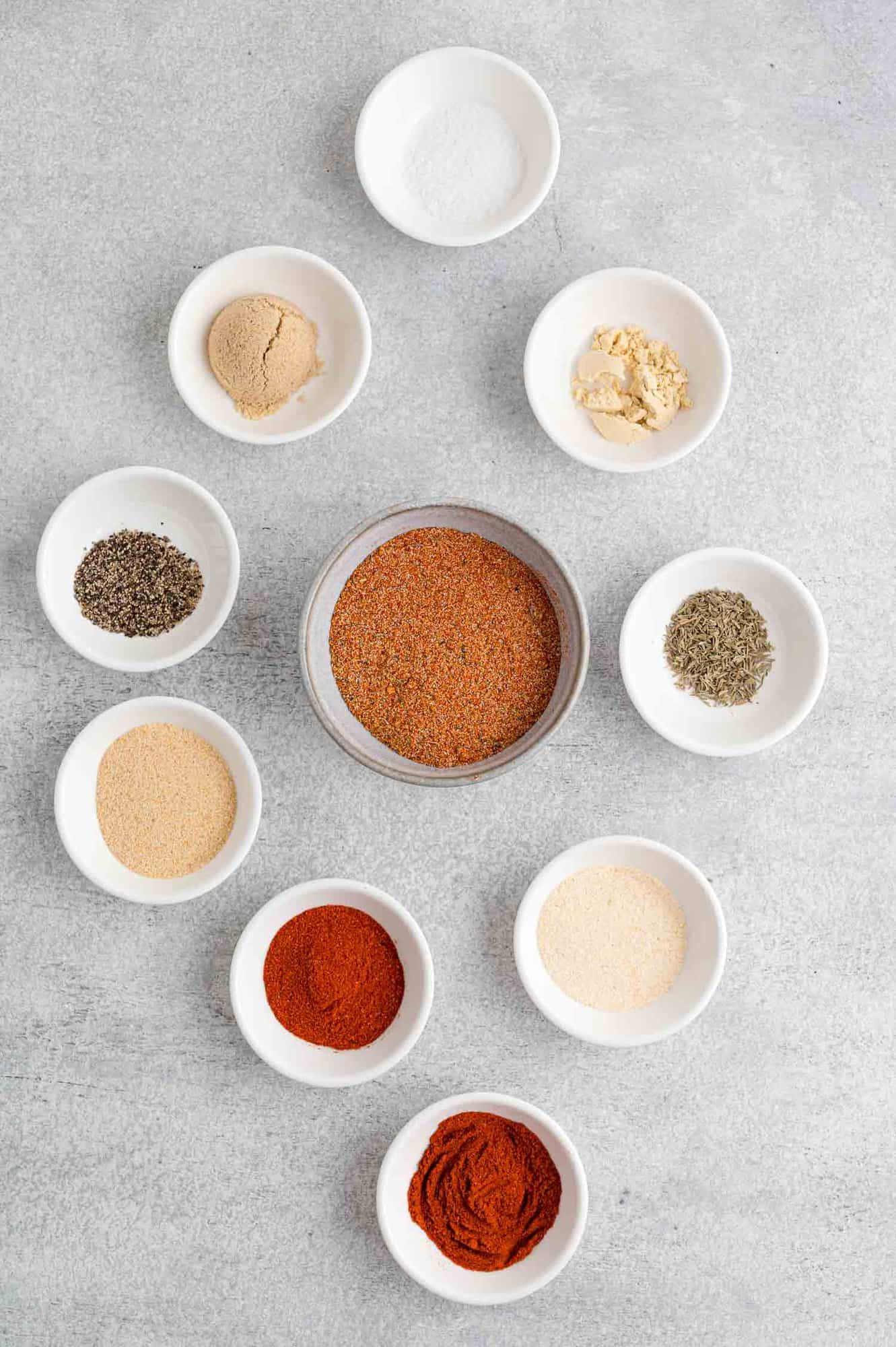 Ingredients needed for recipe, shown in individual bowls. 