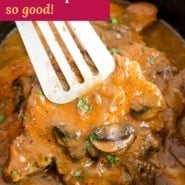 Slow cooker pork chops Pinterest graphic with text and photos.