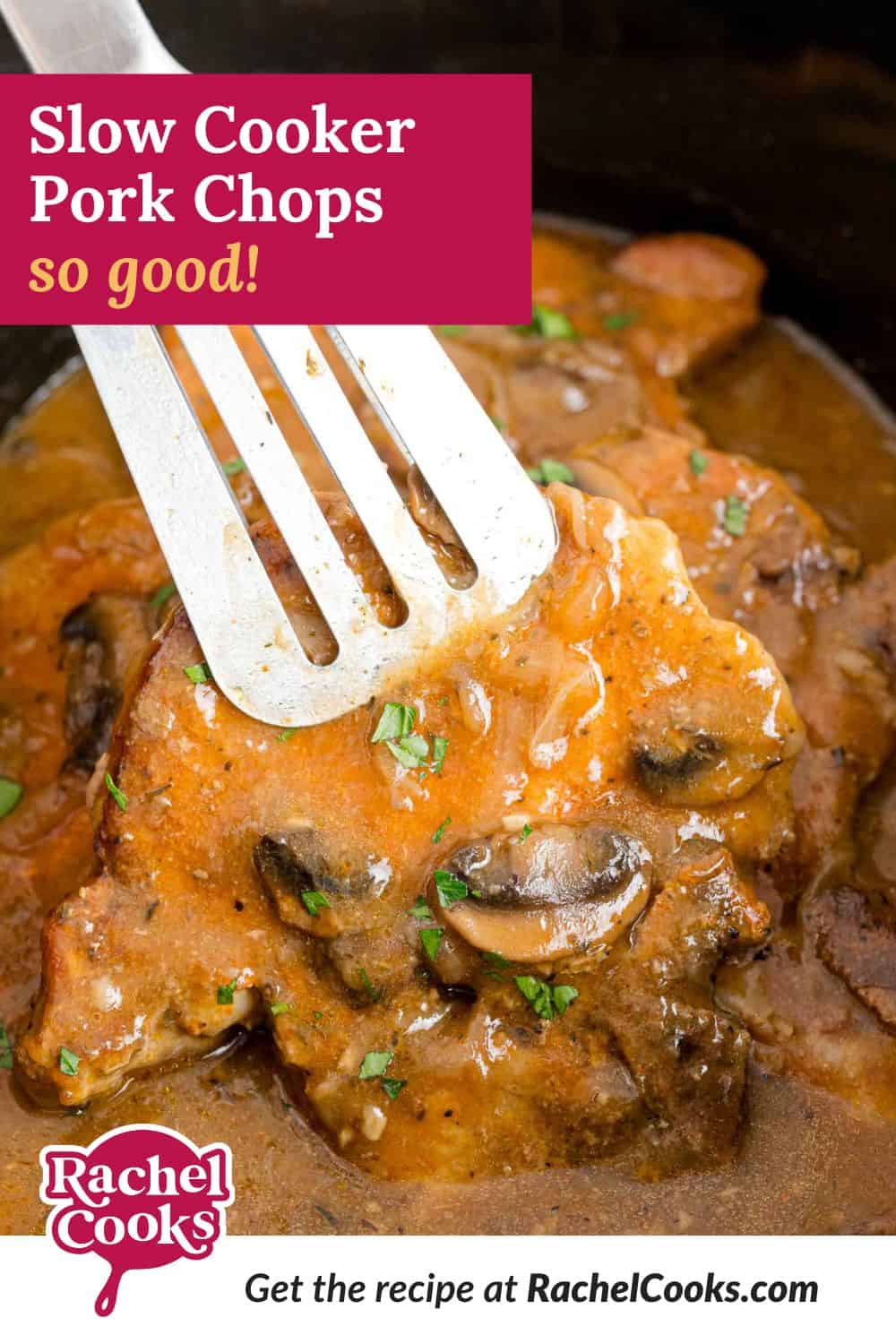 Slow cooker pork chops Pinterest graphic with text and photos.