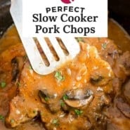 Slow cooker pork chops Pinterest graphic with text and photos.