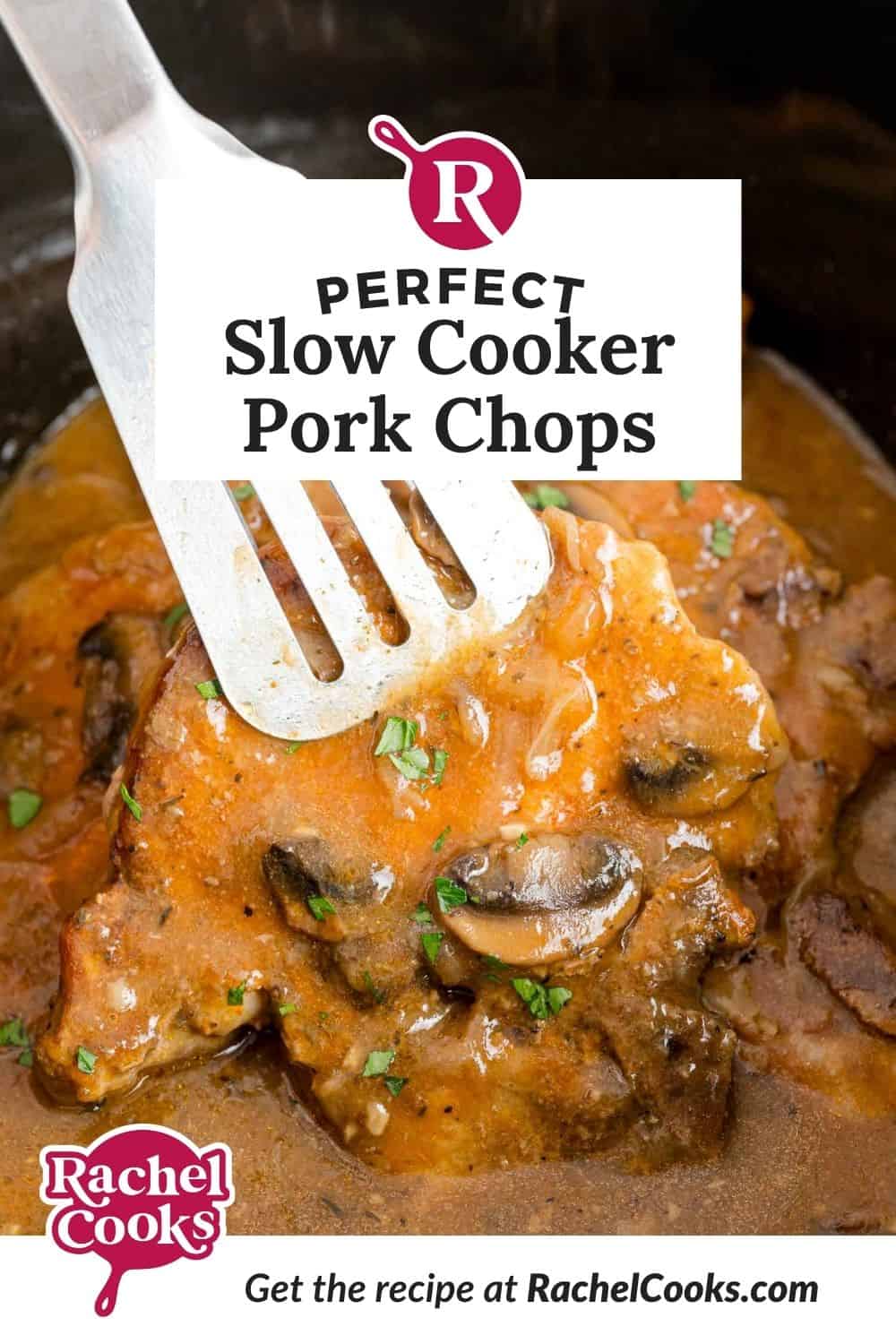 Slow cooker pork chops Pinterest graphic with text and photos.
