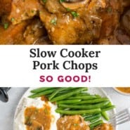 Slow cooker pork chops Pinterest graphic with text and photos.