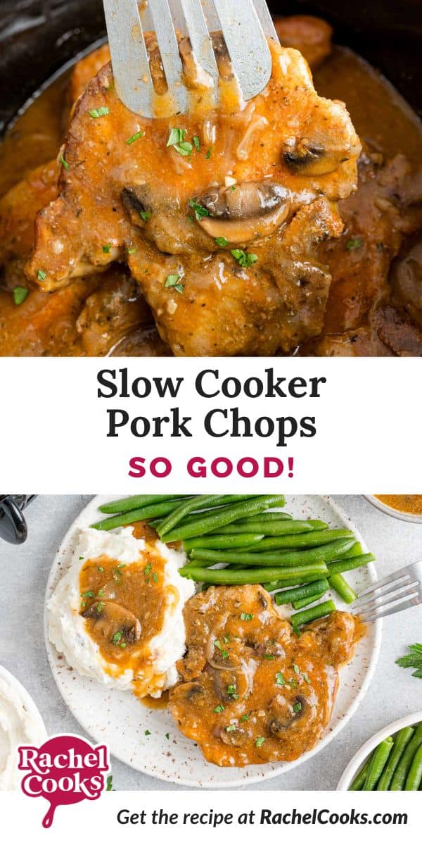 Slow cooker pork chops Pinterest graphic with text and photos.