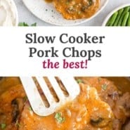 Slow cooker pork chops Pinterest graphic with text and photos.