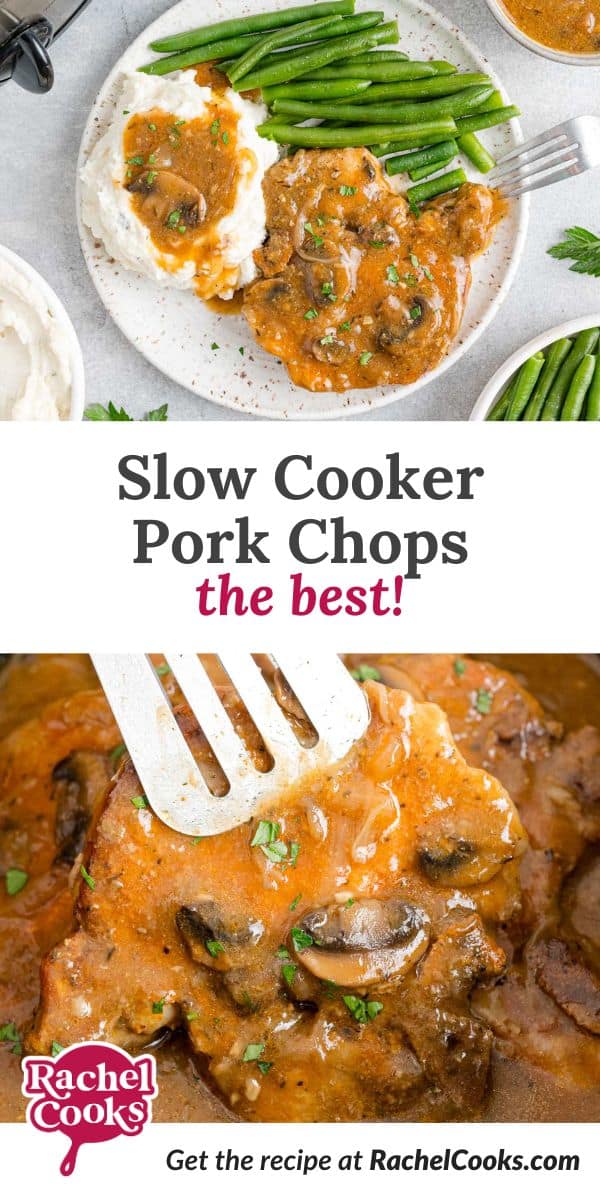 Slow cooker pork chops Pinterest graphic with text and photos.
