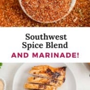 Southwest spice blend Pinterest graphic, with text and photos.