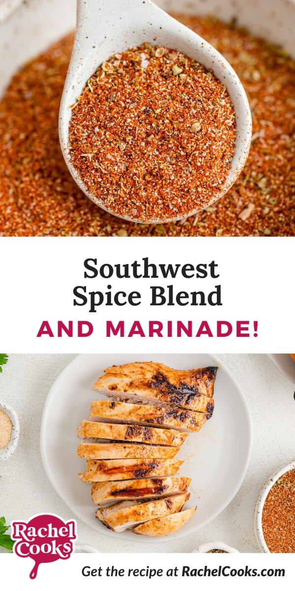 Southwest spice blend Pinterest graphic, with text and photos.