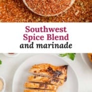 Southwest spice blend Pinterest graphic, with text and photos.