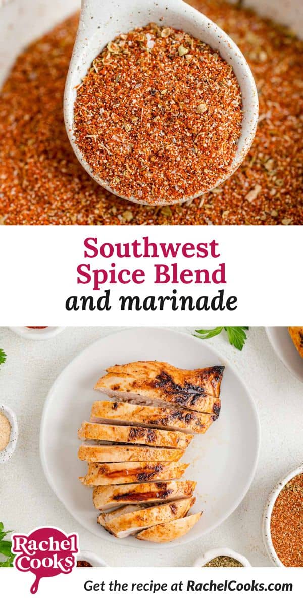 Southwest spice blend Pinterest graphic, with text and photos.