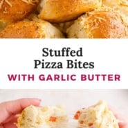 Stuffed pizza bites Pinterest graphic with text and photos.