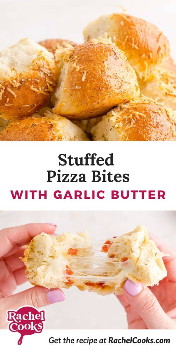 Stuffed pizza bites Pinterest graphic with text and photos.