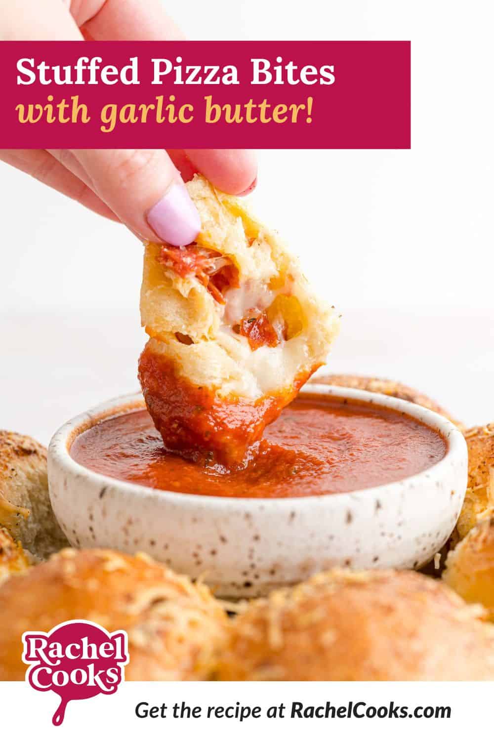 Stuffed pizza bites Pinterest graphic with text and photos.