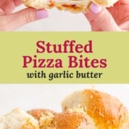 Stuffed pizza bites Pinterest graphic with text and photos.