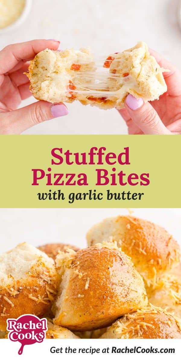Stuffed pizza bites Pinterest graphic with text and photos.