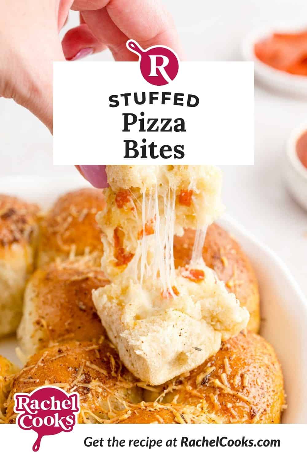 Stuffed pizza bites Pinterest graphic with text and photos.