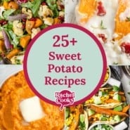 Sweet potato recipes round up graphic with text and photos.