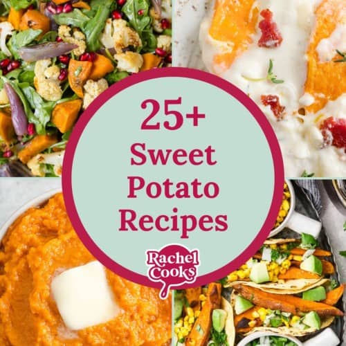 Sweet potato recipes round up graphic with text and photos.