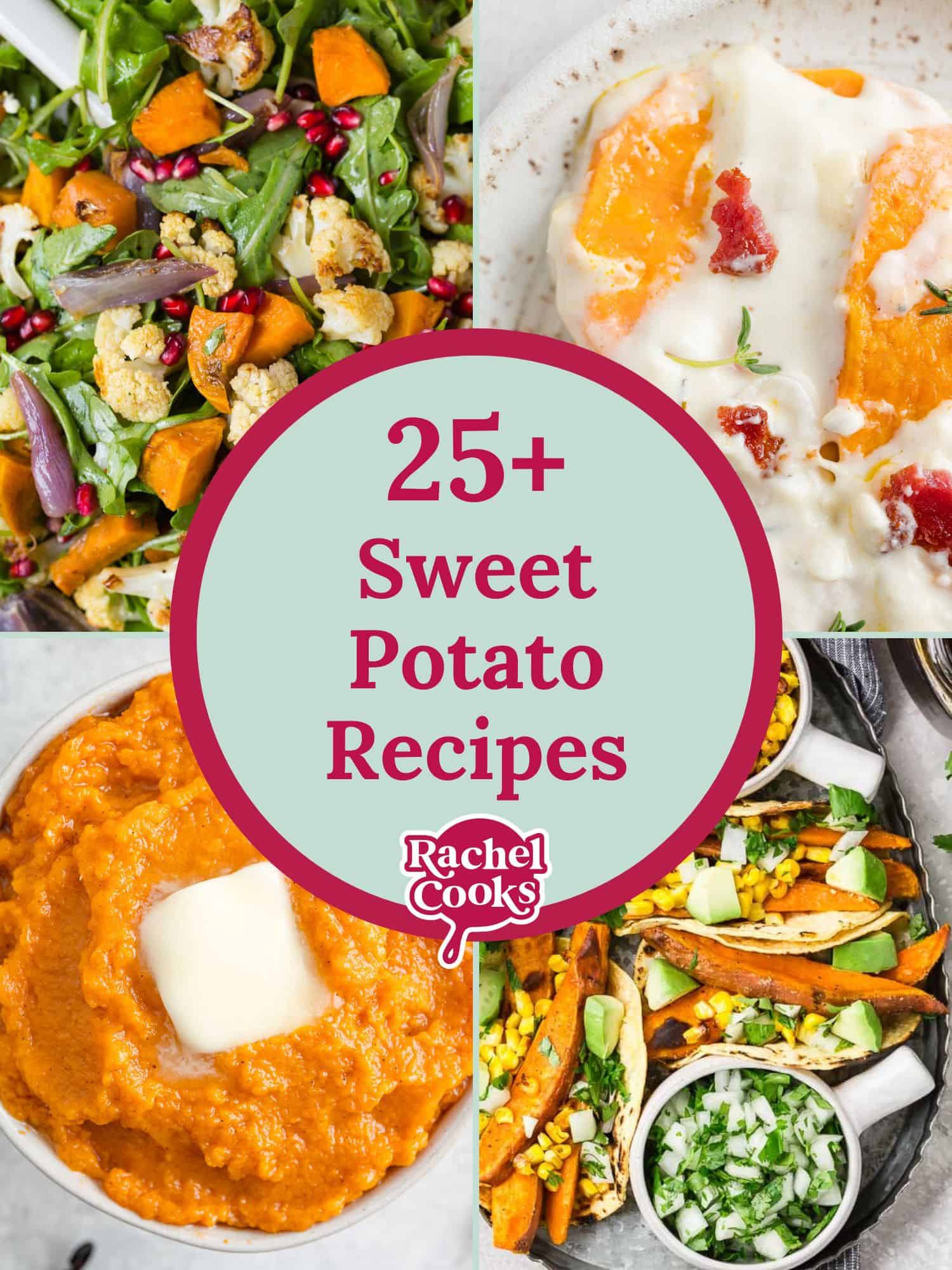 Sweet potato recipes round up graphic with text and photos.