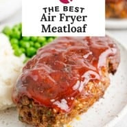 Air fryer meatloaf Pinterest graphic with text and photos.