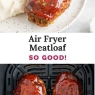 Air fryer meatloaf Pinterest graphic with text and photos.