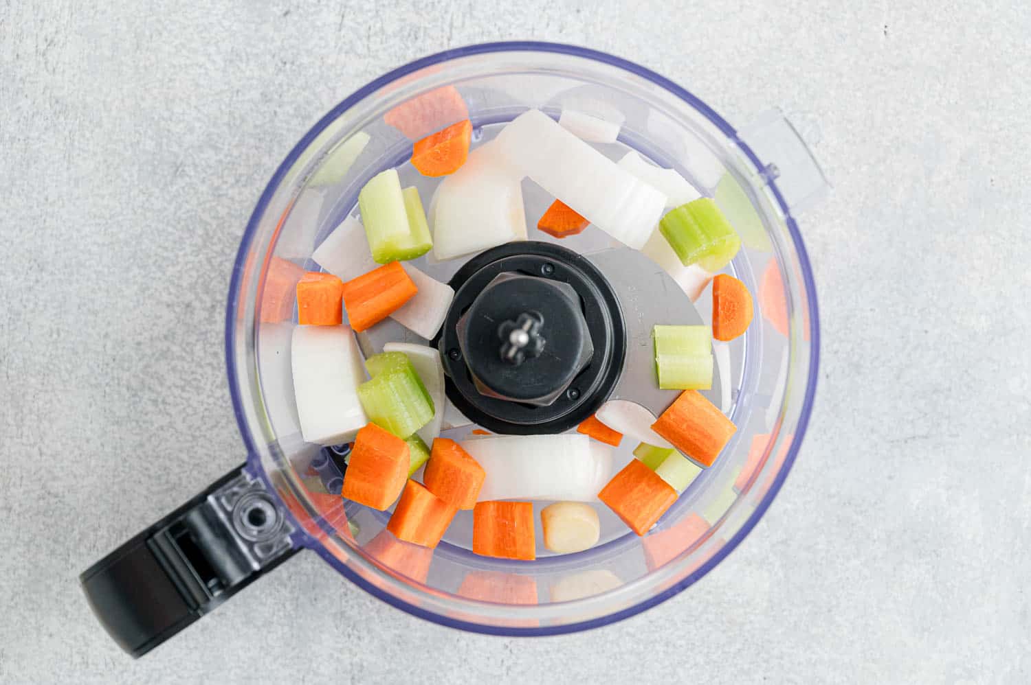 Carrots, onions, celery in food processor.