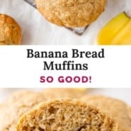 Banana bread muffins Pinterest graphic with text and photos.