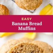 Banana bread muffins Pinterest graphic with text and photos.