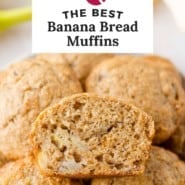 Banana bread muffins Pinterest graphic with text and photos.