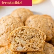 Banana bread muffins Pinterest graphic with text and photos.