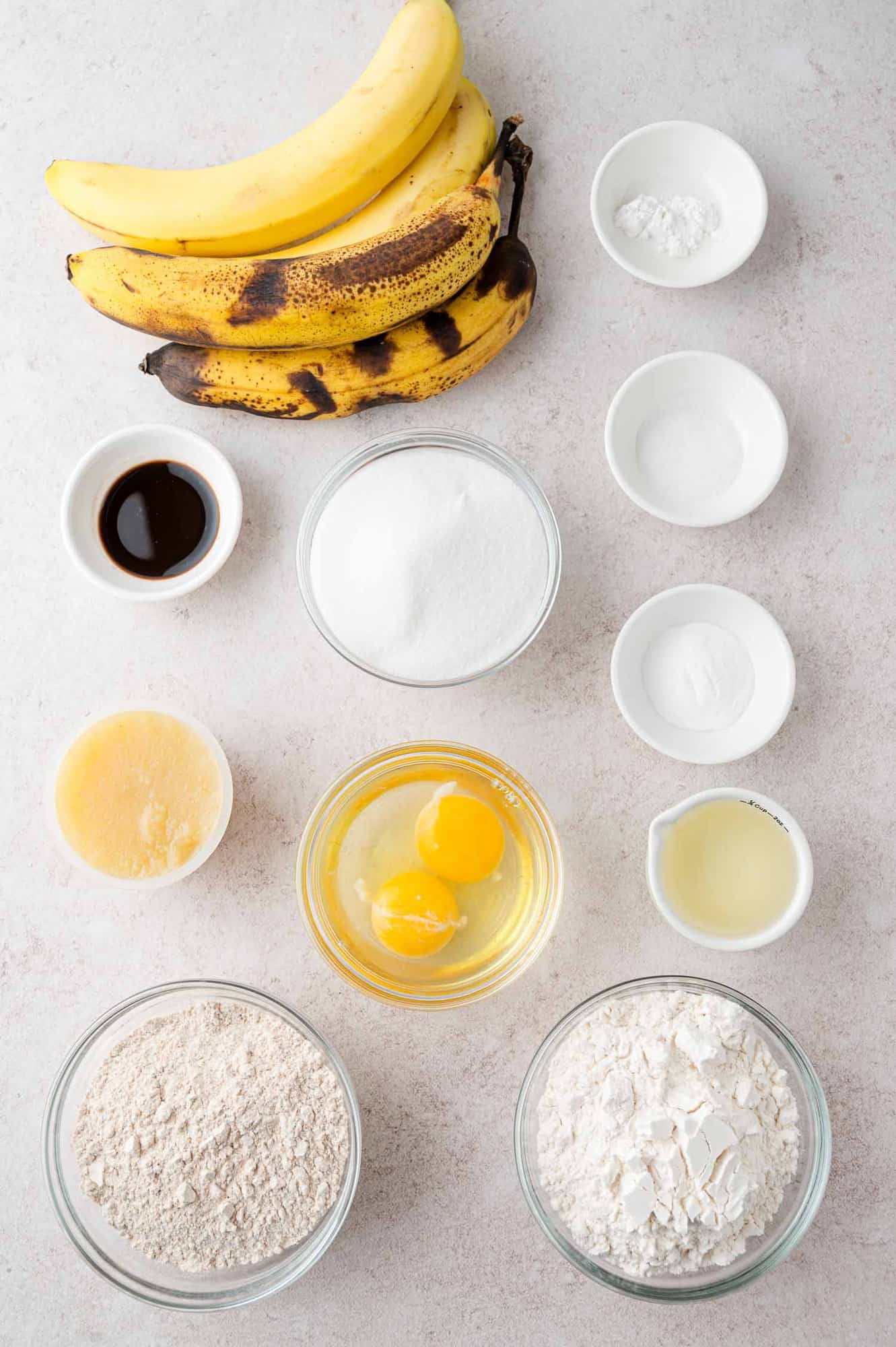 Ingredients needed for recipe, including ripe bananas.