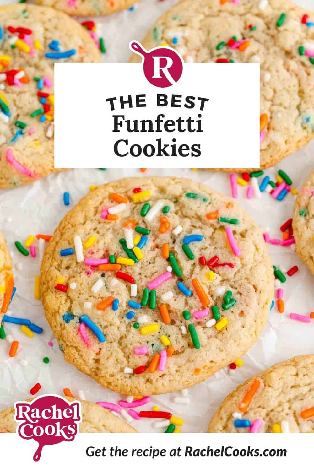 Funfetti cookies Pinterest graphic with text and photos.