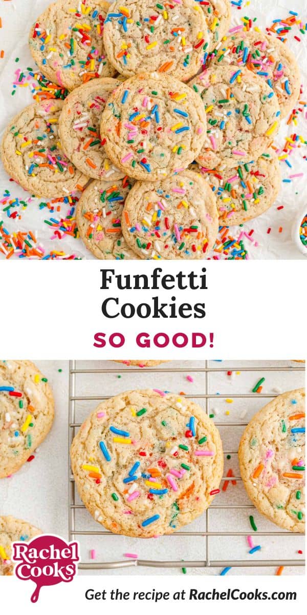 Funfetti cookies Pinterest graphic with text and photos.