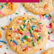 Funfetti cookies Pinterest graphic with text and photos.