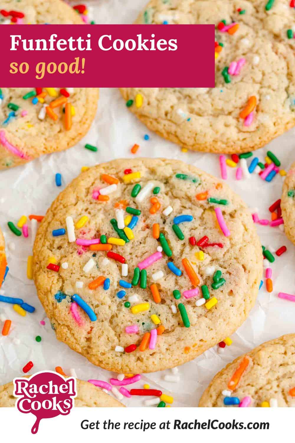 Funfetti cookies Pinterest graphic with text and photos.