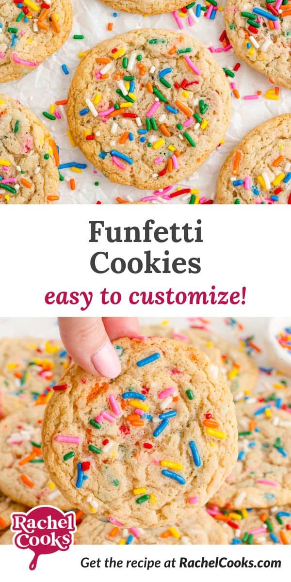 Funfetti cookies Pinterest graphic with text and photos.