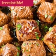 Garlic butter steak bites Pinterest graphic with text and photos.