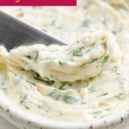 Garlic butter pinterest image with text and photos.