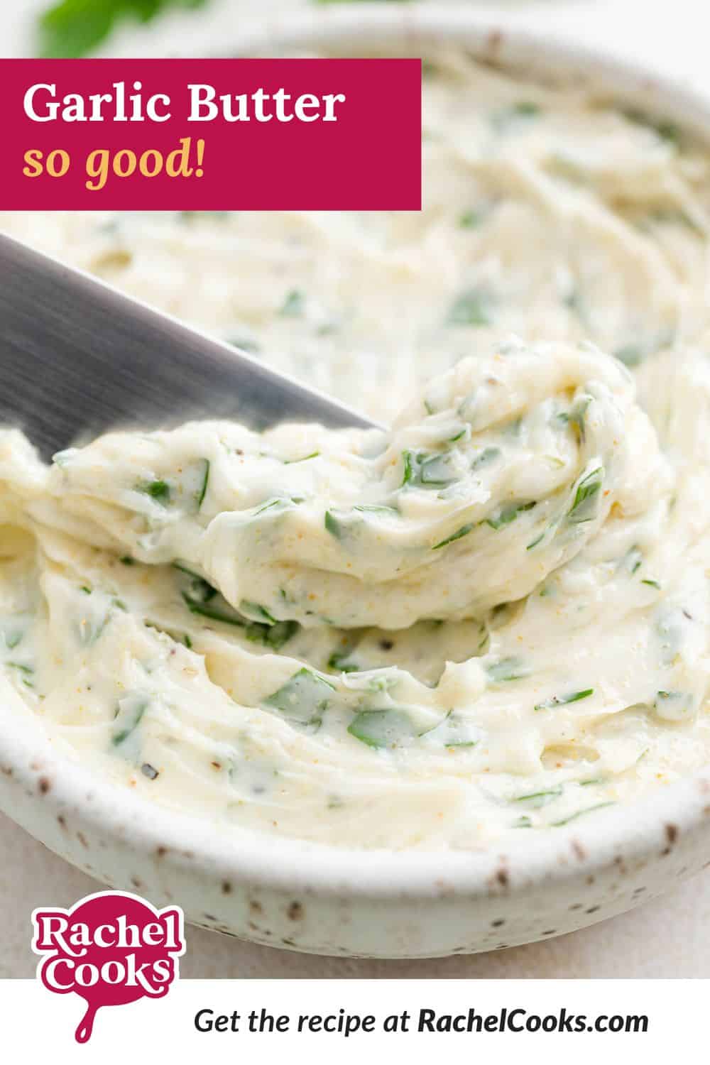 Garlic butter pinterest image with text and photos.