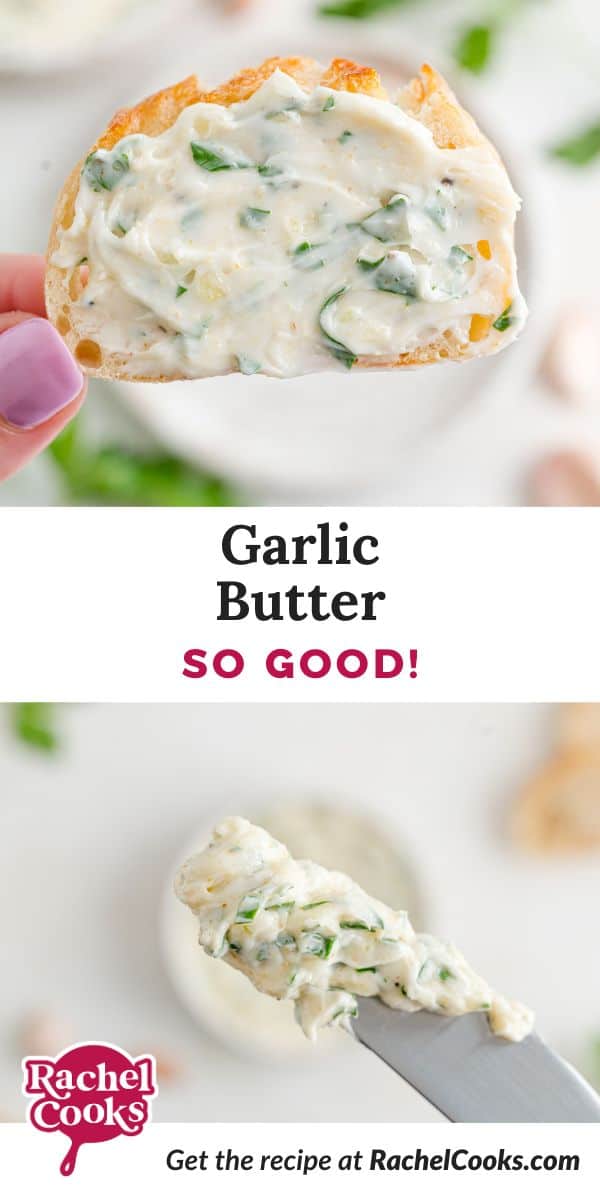 Garlic butter pinterest image with text and photos.