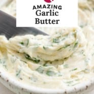 Garlic butter pinterest image with text and photos.