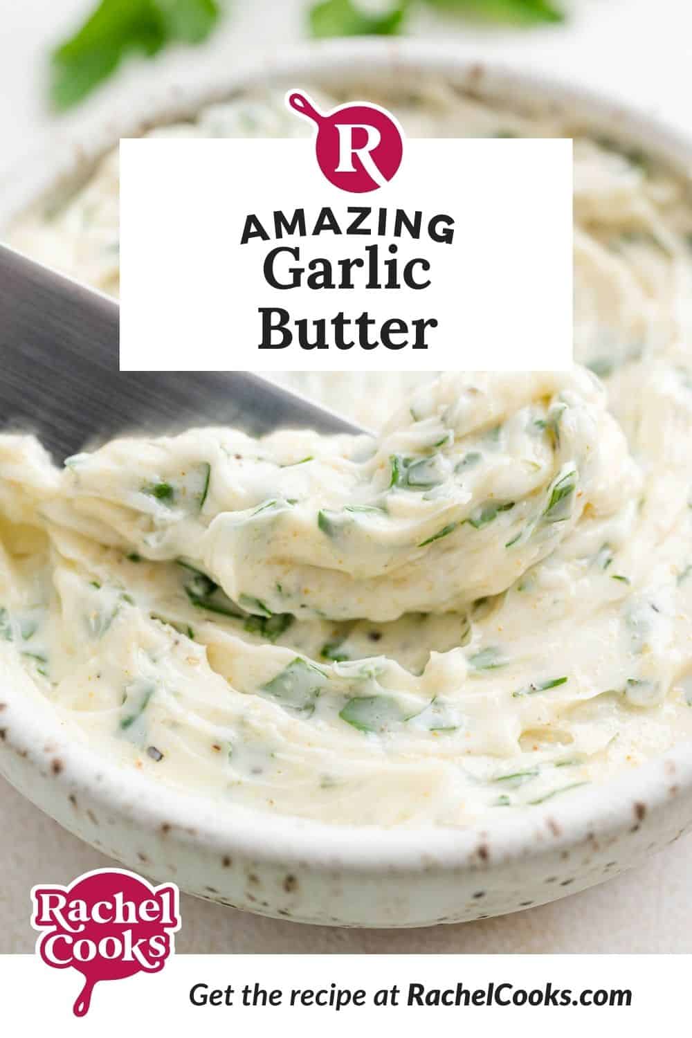 Garlic butter pinterest image with text and photos.
