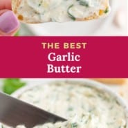 Garlic butter pinterest image with text and photos.