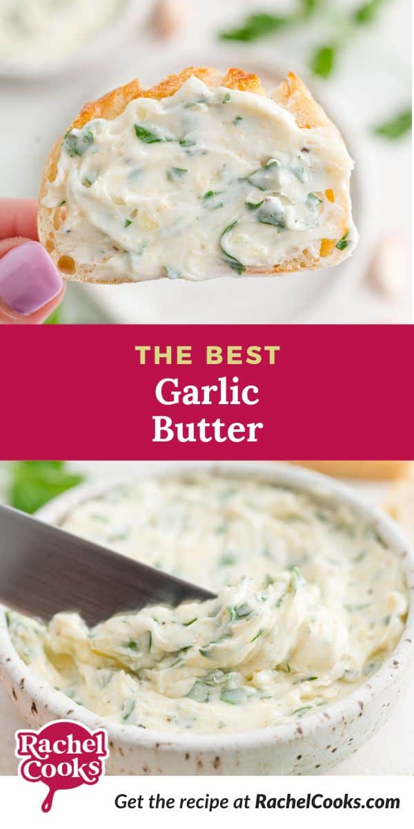 Garlic butter pinterest image with text and photos.