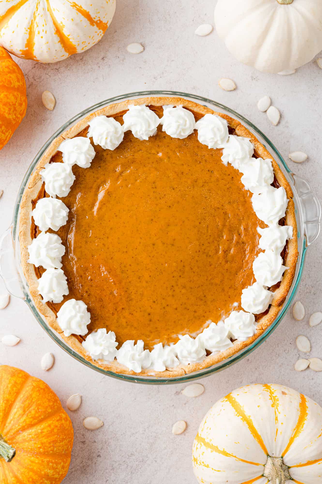 Overhead view of pumpkin pie garnished with whipped cream.