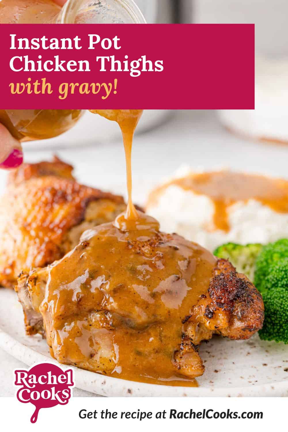 Instant Pot chicken thighs Pinterest graphic with text and photos.