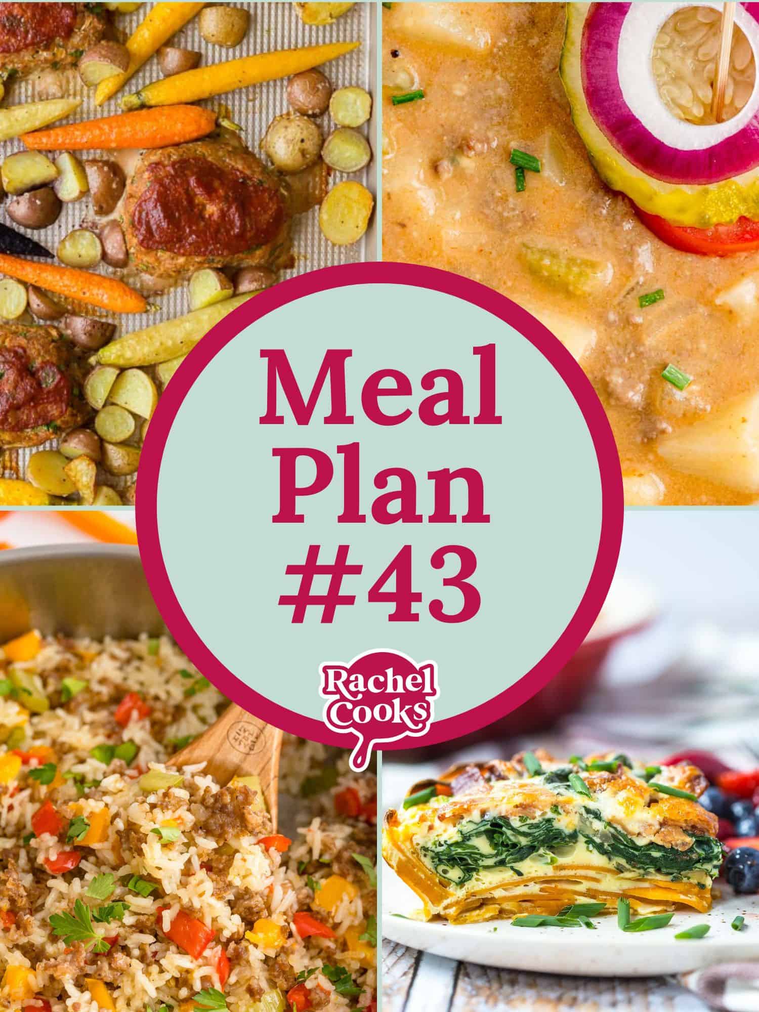 Meal Plan 43 preview image with text and photos of recipes.