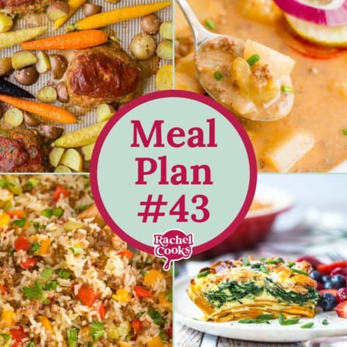 Meal Plan 43 preview image with text and photos of recipes.