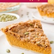 Pumpkin pie with streusel topping Pinterest graphic with text and photos.