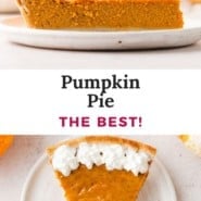 Pumpkin pie Pinterest graphic with text and photos.